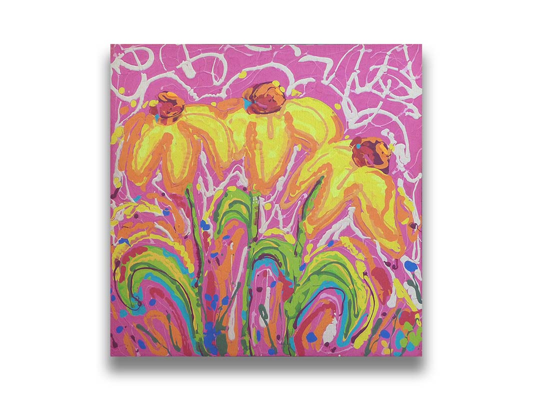 A painting of three yellow wildflowers on a pink background, accented by orange, blue, green, and white. It was created by dripping paint onto the substrate. Printed on canvas.