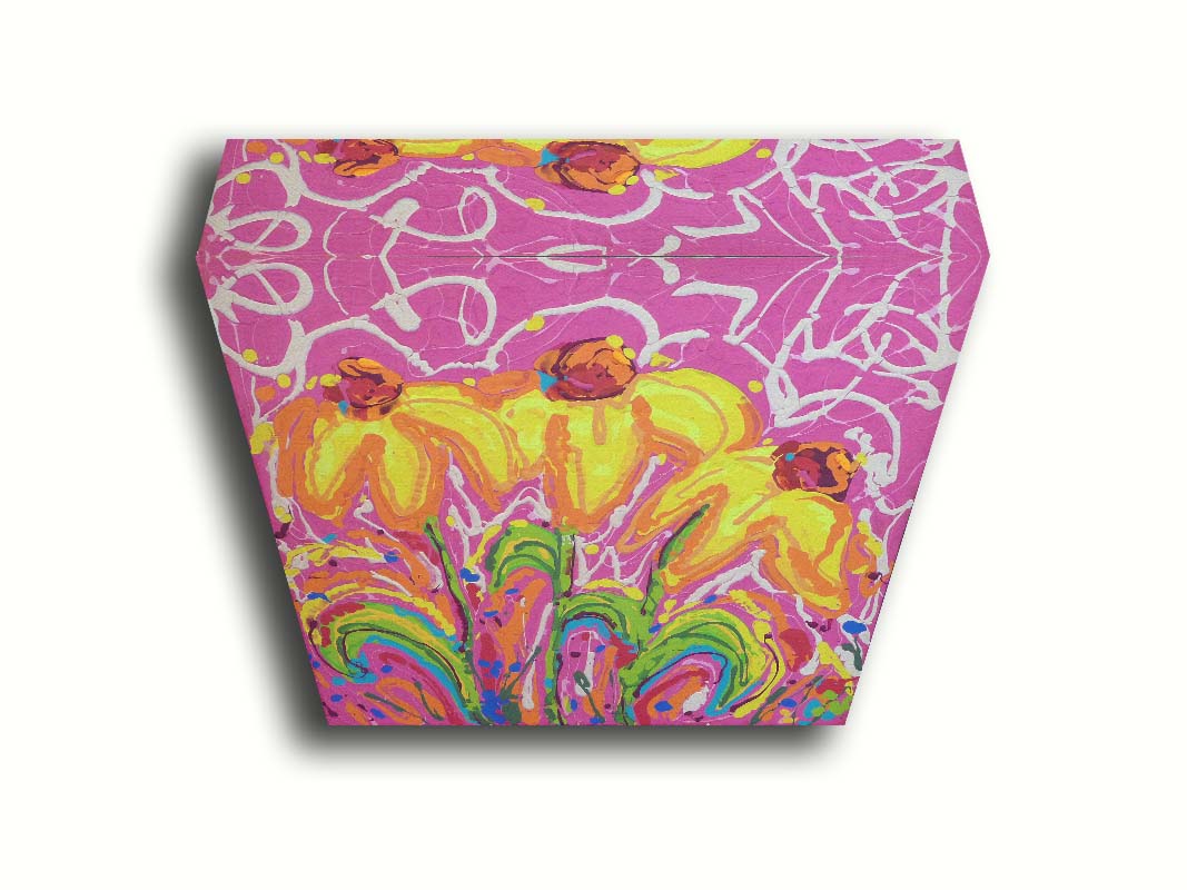 A painting of three yellow wildflowers on a pink background, accented by orange, blue, green, and white. It was created by dripping paint onto the substrate. Printed on canvas.