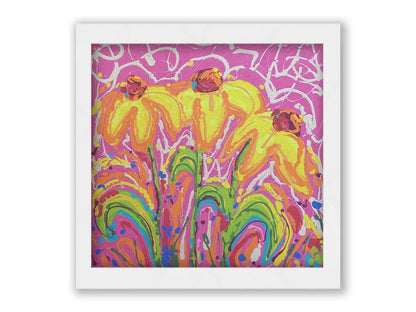 A painting of three yellow wildflowers on a pink background, accented by orange, blue, green, and white. It was created by dripping paint onto the substrate. Printed on canvas and framed.