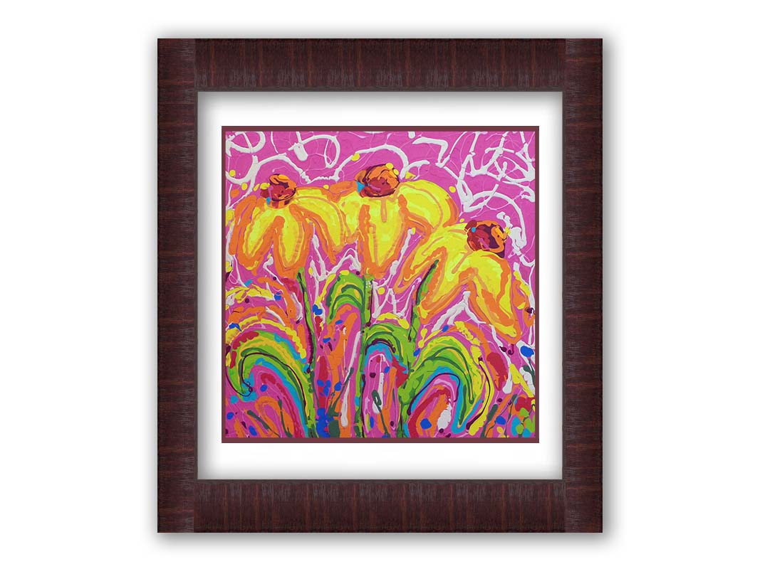 A painting of three yellow wildflowers on a pink background, accented by orange, blue, green, and white. It was created by dripping paint onto the substrate. Printed on paper, matted, and framed.