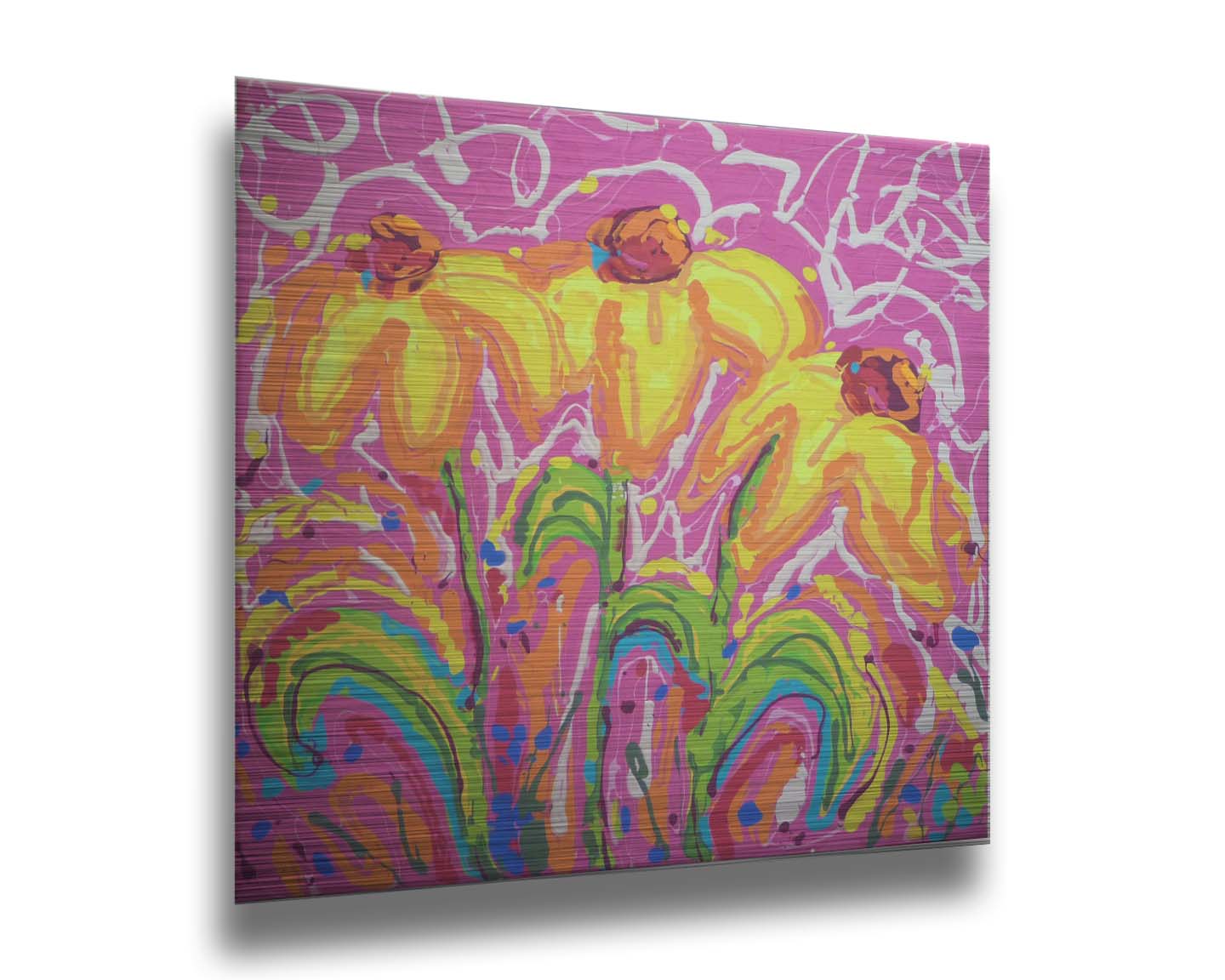 A painting of three yellow wildflowers on a pink background, accented by orange, blue, green, and white. It was created by dripping paint onto the substrate. Printed on metal.