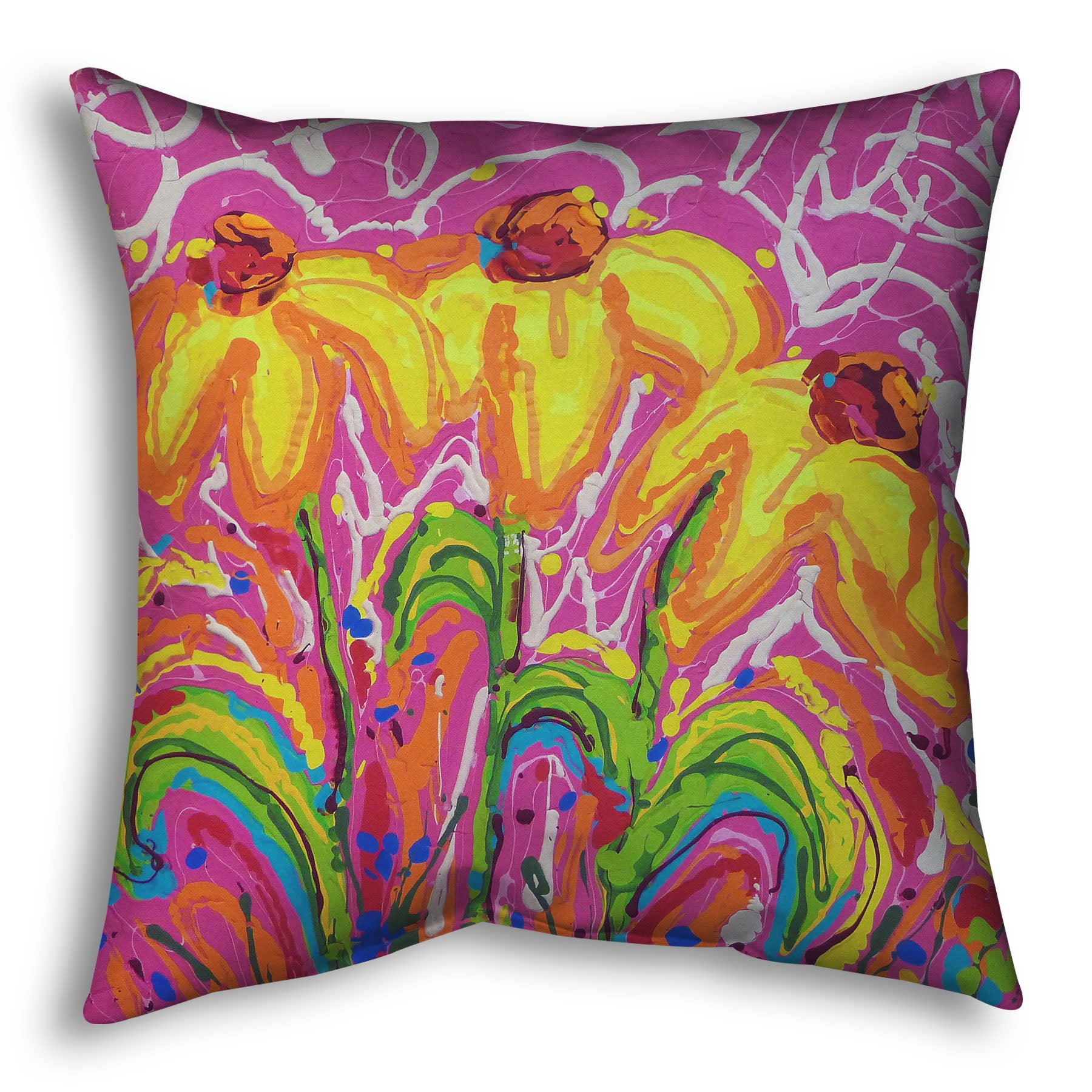 A throw pillow designed with a drip painting of three yellow wildflowers on a pink background, accented by orange, blue, green, and white.