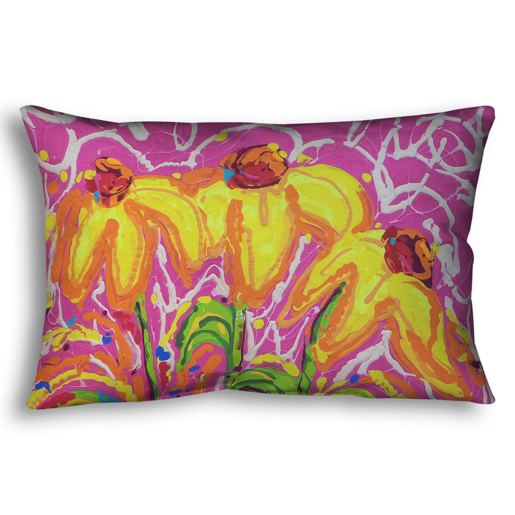 A throw pillow designed with a drip painting of three yellow wildflowers on a pink background, accented by orange, blue, green, and white.
