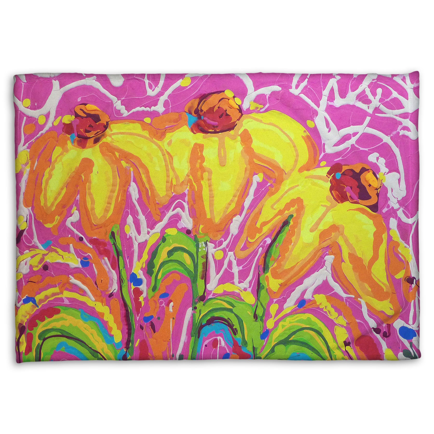 A fleece blanket designed with a drip painting of three yellow wildflowers on a pink background, accented by orange, blue, green, and white.