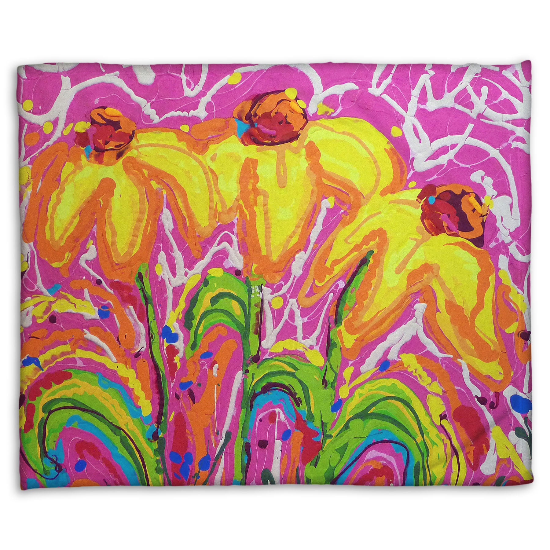 A fleece blanket designed with a drip painting of three yellow wildflowers on a pink background, accented by orange, blue, green, and white.