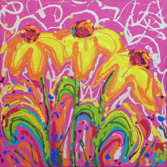 A painting of three yellow wildflowers on a pink background, accented by orange, blue, green, and white. It was created by dripping paint onto the substrate.