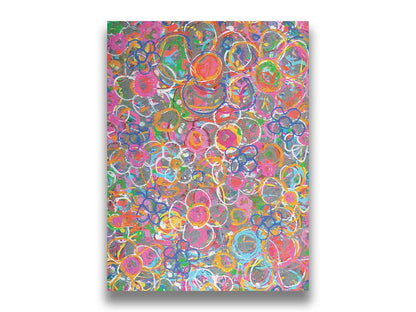 An abstract drip painting of many simplified flower shapes, utilizing a wide range of bright colors. Printed on canvas.