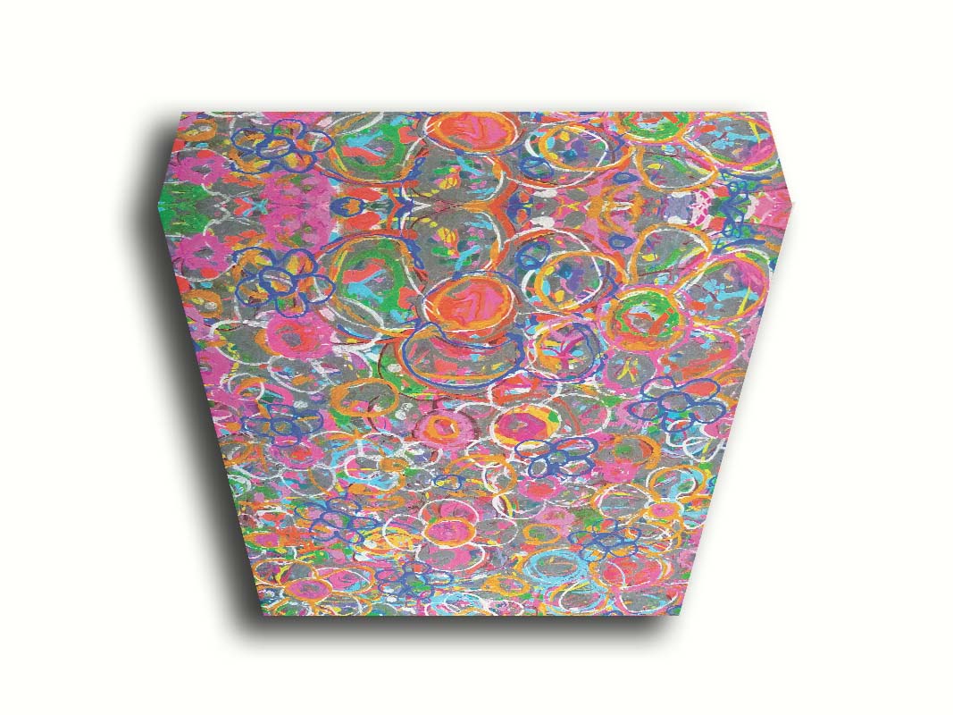 An abstract drip painting of many simplified flower shapes, utilizing a wide range of bright colors. Printed on canvas.