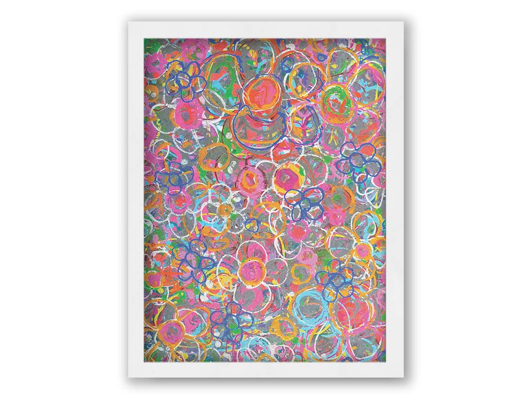 An abstract drip painting of many simplified flower shapes, utilizing a wide range of bright colors. Printed on canvas and framed.