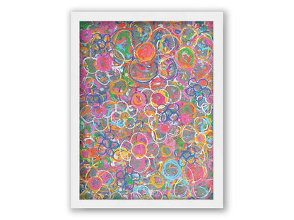 An abstract drip painting of many simplified flower shapes, utilizing a wide range of bright colors. Printed on canvas and framed.