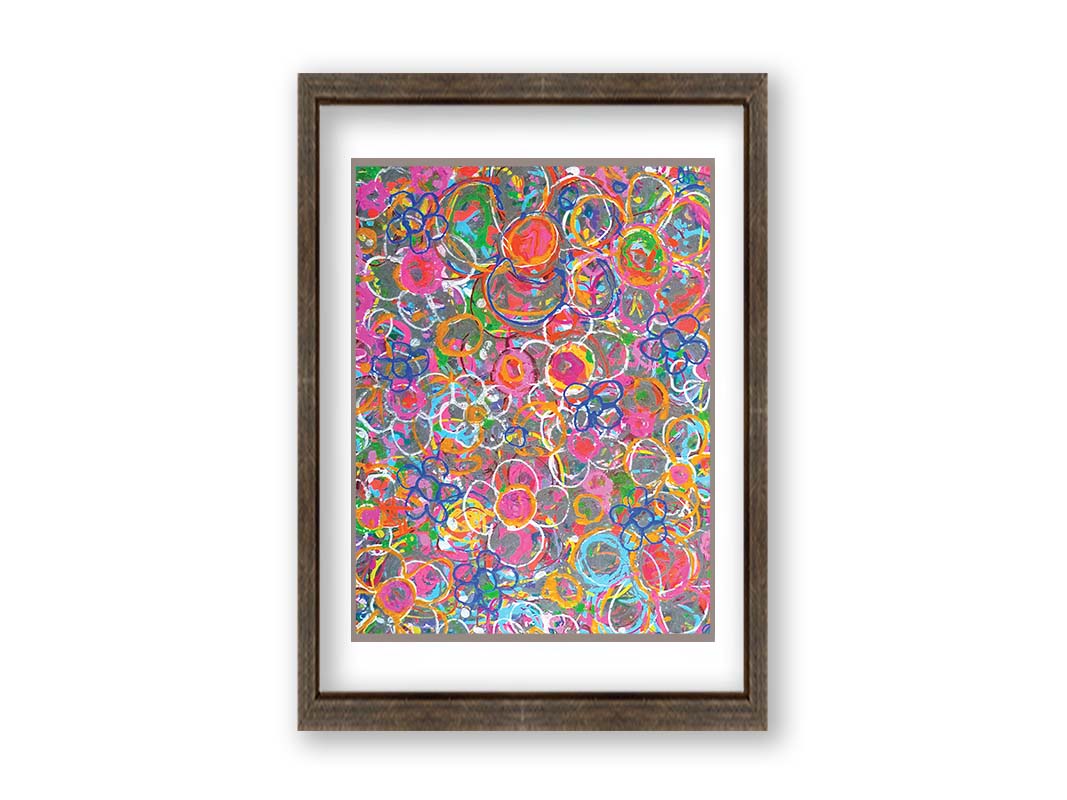 An abstract drip painting of many simplified flower shapes, utilizing a wide range of bright colors. Printed on paper, matted, and framed.