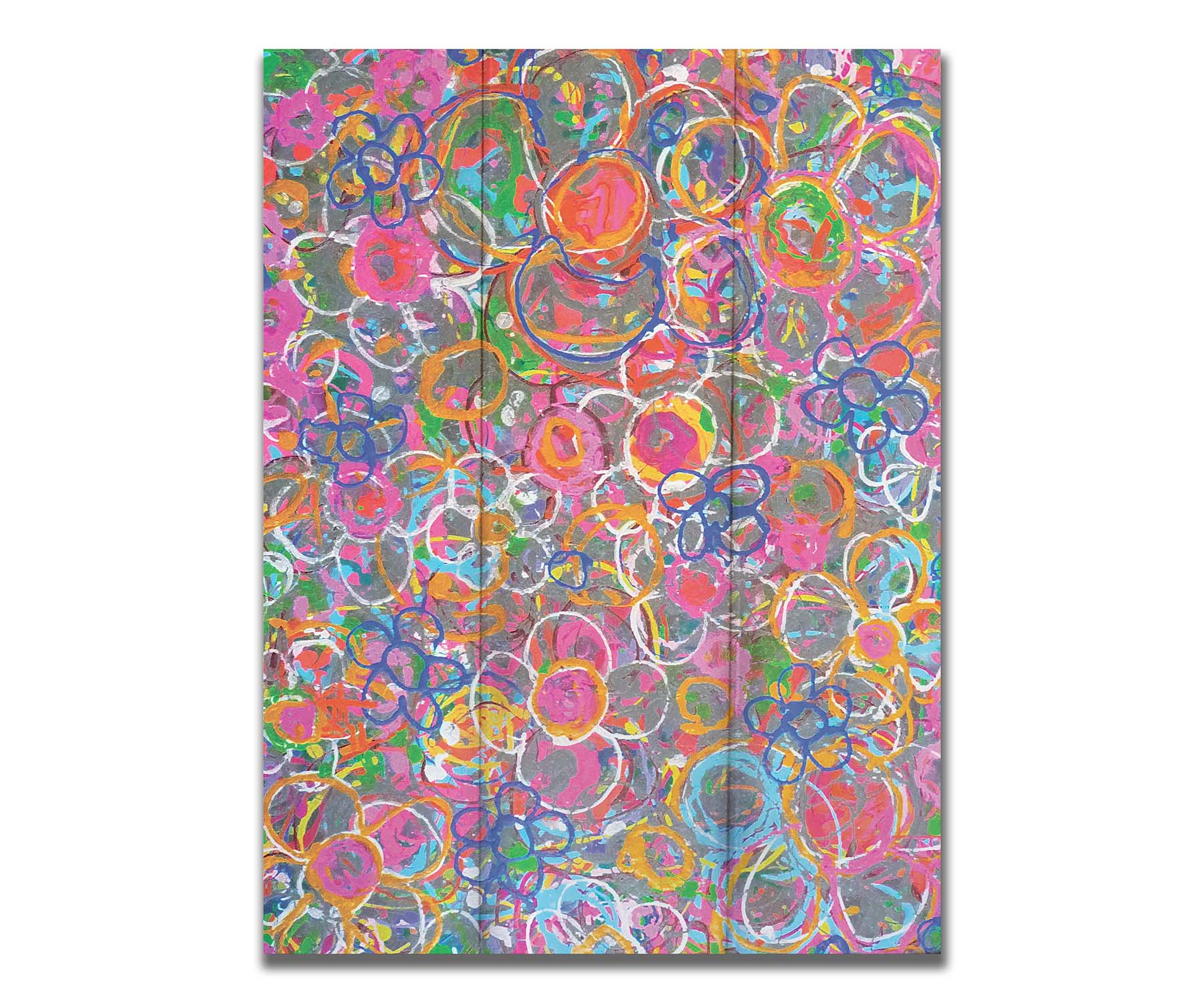 An abstract drip painting of many simplified flower shapes, utilizing a wide range of bright colors. Printed on a box board.