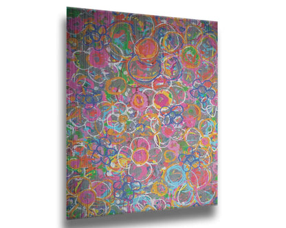 An abstract drip painting of many simplified flower shapes, utilizing a wide range of bright colors. Printed on metal.