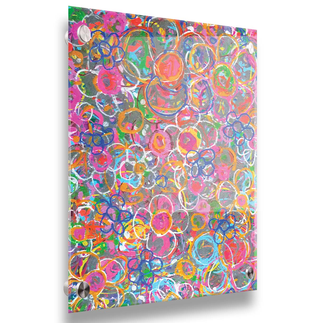 An abstract drip painting of many simplified flower shapes, utilizing a wide range of bright colors. Printed on acrylic.