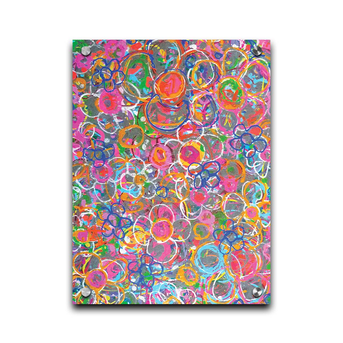 An abstract drip painting of many simplified flower shapes, utilizing a wide range of bright colors. Printed on acrylic.