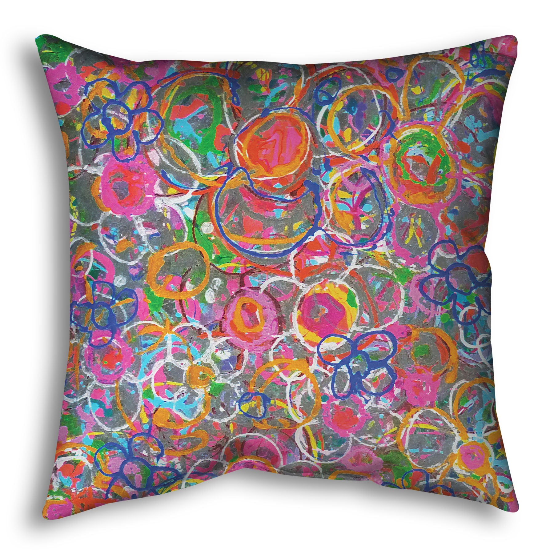 A throw pillow designed with an abstract drip painting of many simplified flower shapes, utilizing a wide range of bright colors.