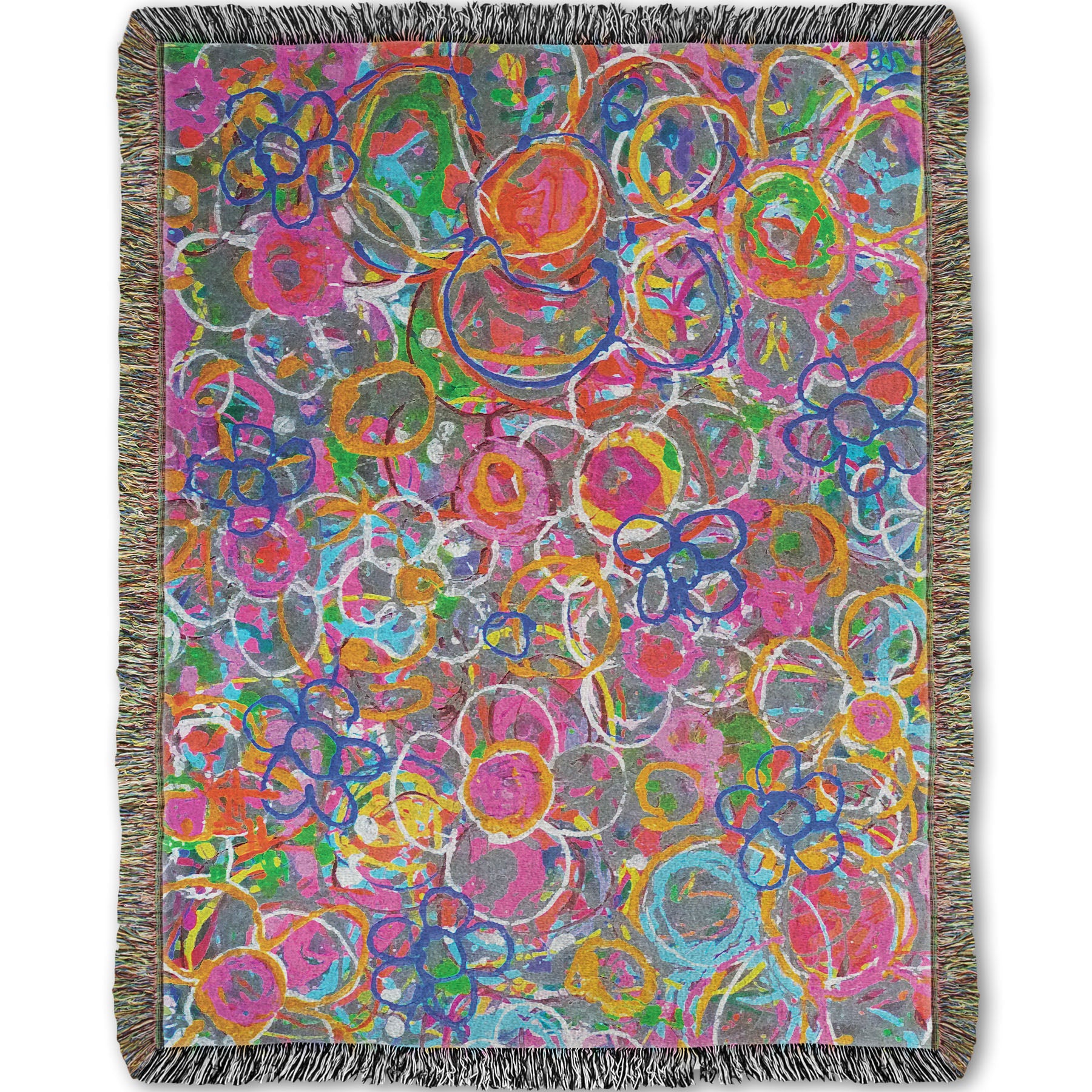 A woven throw blanket designed with an abstract drip painting of many simplified flower shapes, utilizing a wide range of bright colors.