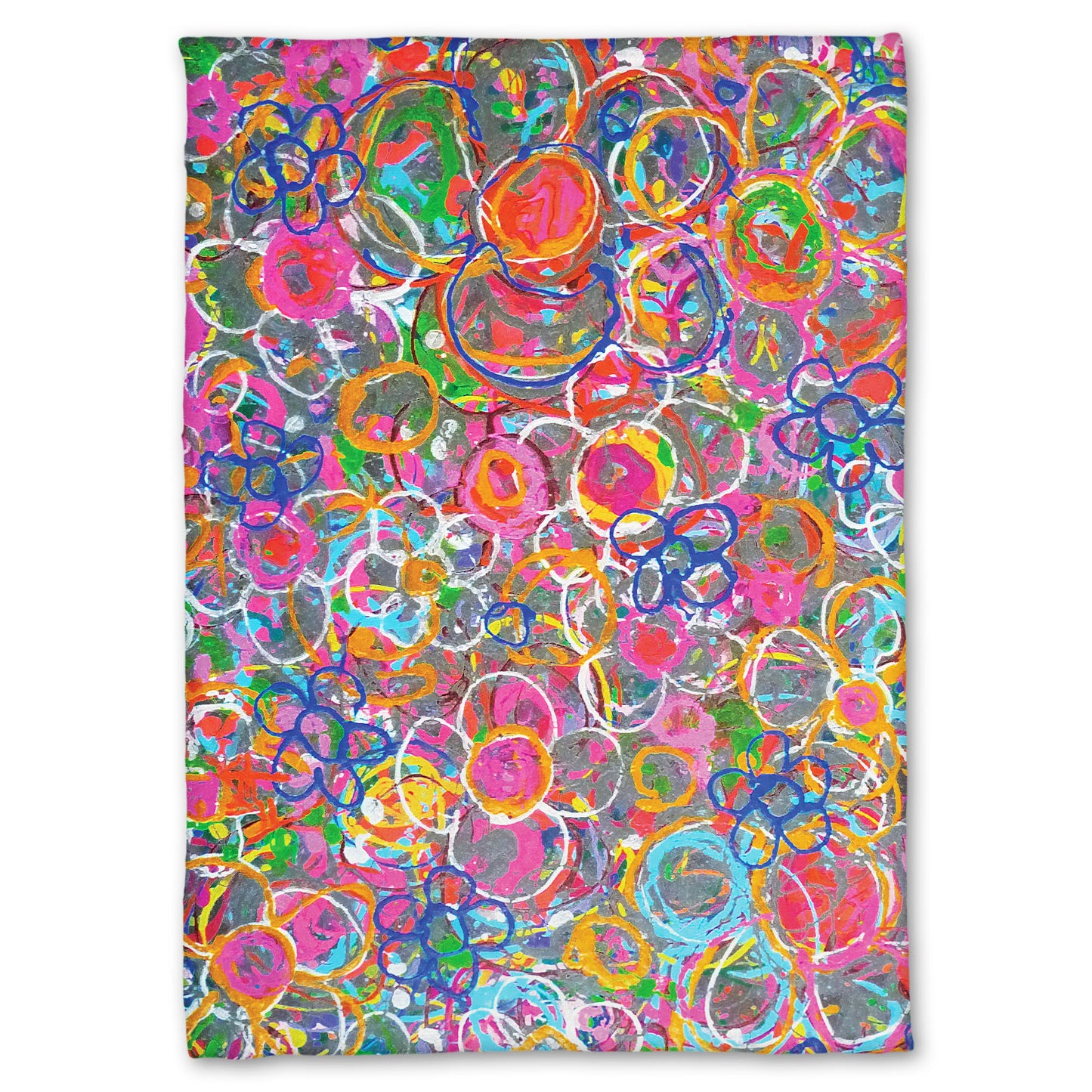 A fleece throw blanket designed with an abstract drip painting of many simplified flower shapes, utilizing a wide range of bright colors.