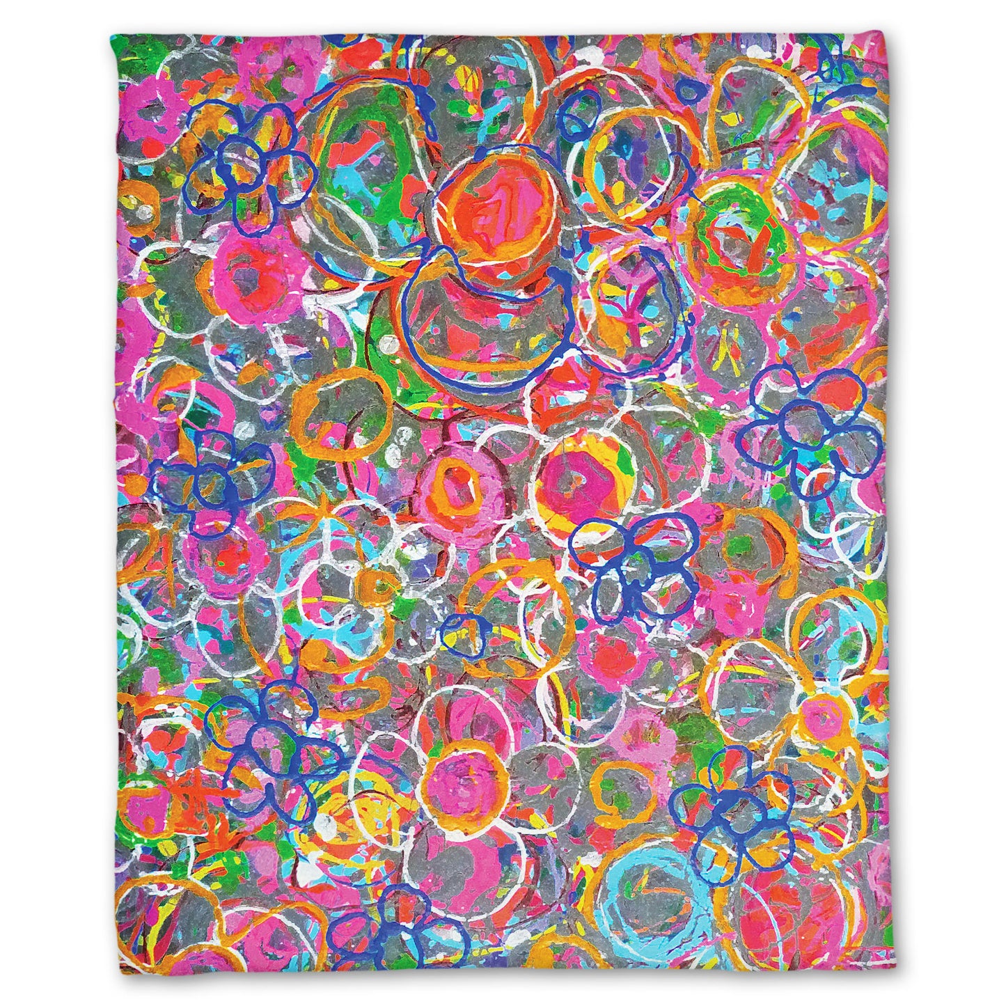 A fleece throw blanket designed with an abstract drip painting of many simplified flower shapes, utilizing a wide range of bright colors.