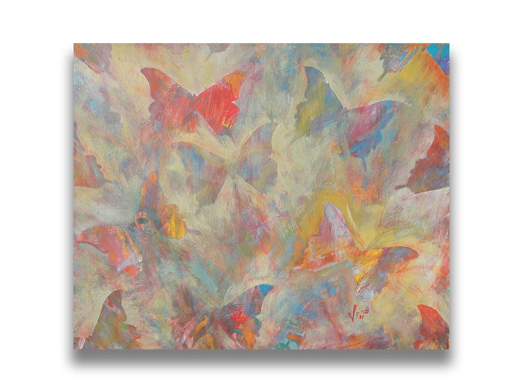 An abstracted painting of a pattern of butterflies, created in an array of colors with textured brushstrokes. Printed on canvas.