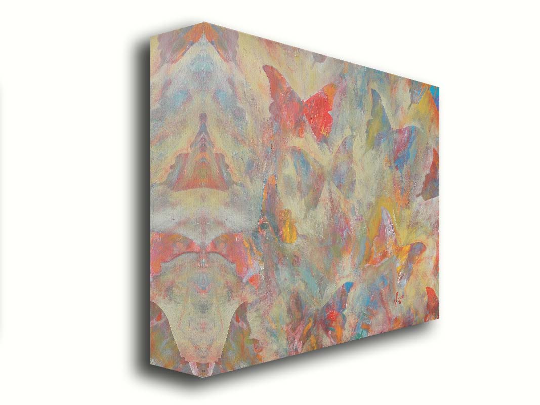 An abstracted painting of a pattern of butterflies, created in an array of colors with textured brushstrokes. Printed on canvas.