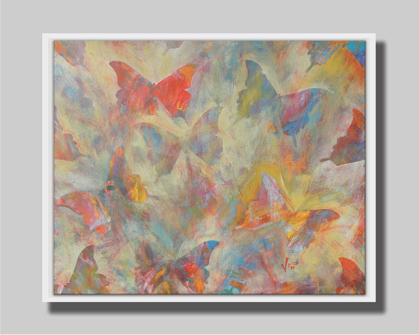 An abstracted painting of a pattern of butterflies, created in an array of colors with textured brushstrokes. Printed on canvas in a float frame.