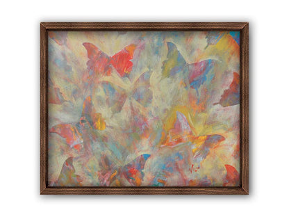 An abstracted painting of a pattern of butterflies, created in an array of colors with textured brushstrokes. Printed on canvas and framed.