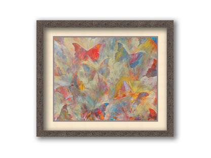 An abstracted painting of a pattern of butterflies, created in an array of colors with textured brushstrokes. Printed on paper, matted, and framed.