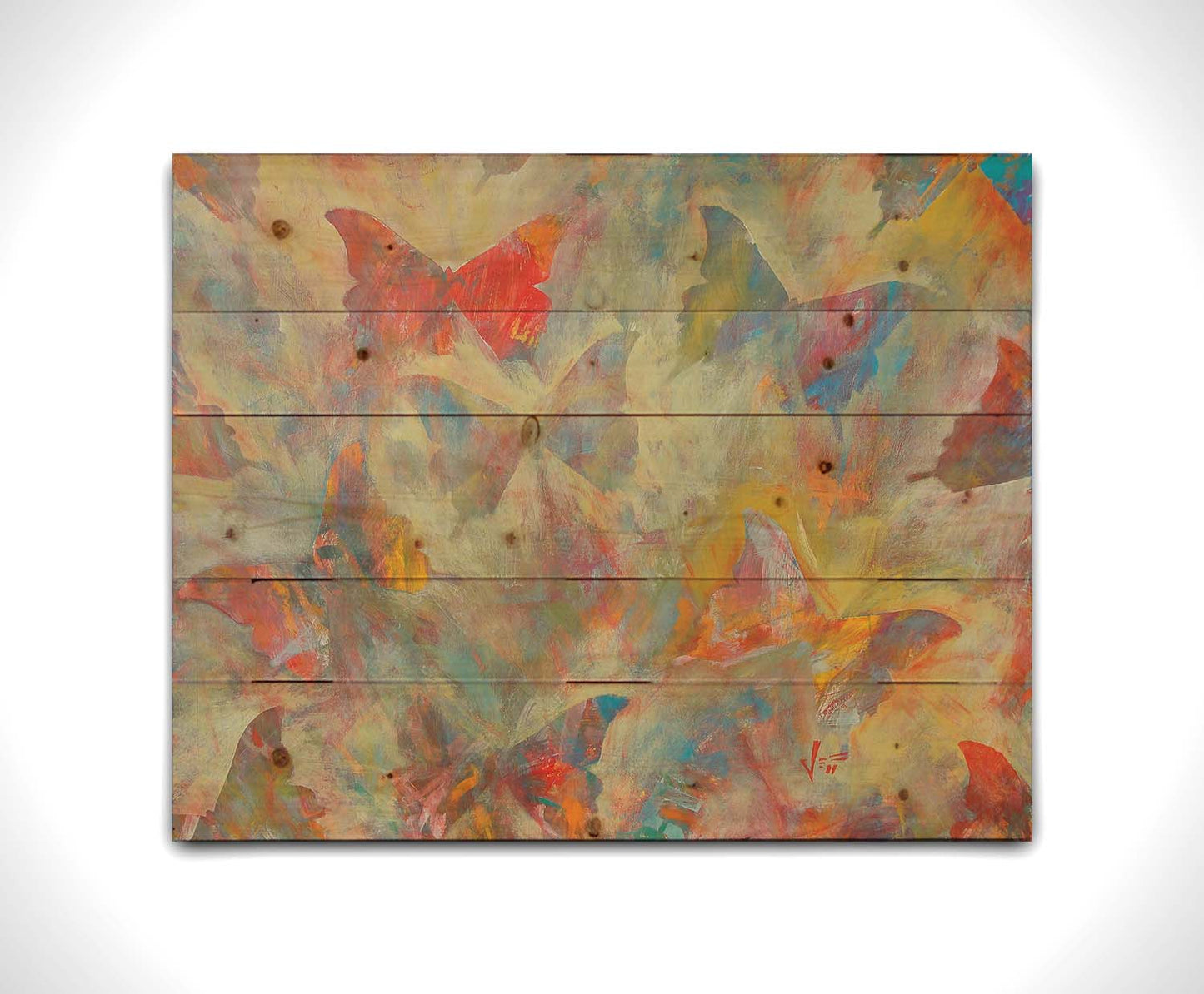 An abstracted painting of a pattern of butterflies, created in an array of colors with textured brushstrokes. Printed on a wood pallet.