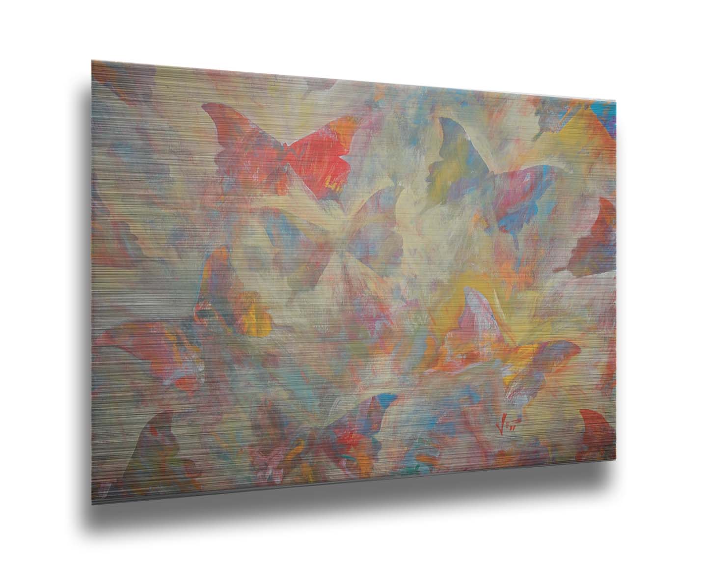 An abstracted painting of a pattern of butterflies, created in an array of colors with textured brushstrokes. Printed on metal.