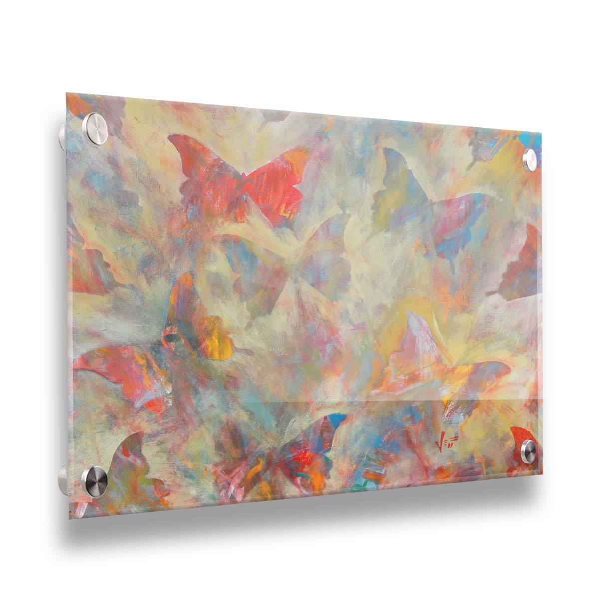 An abstracted painting of a pattern of butterflies, created in an array of colors with textured brushstrokes. Printed on acrylic.