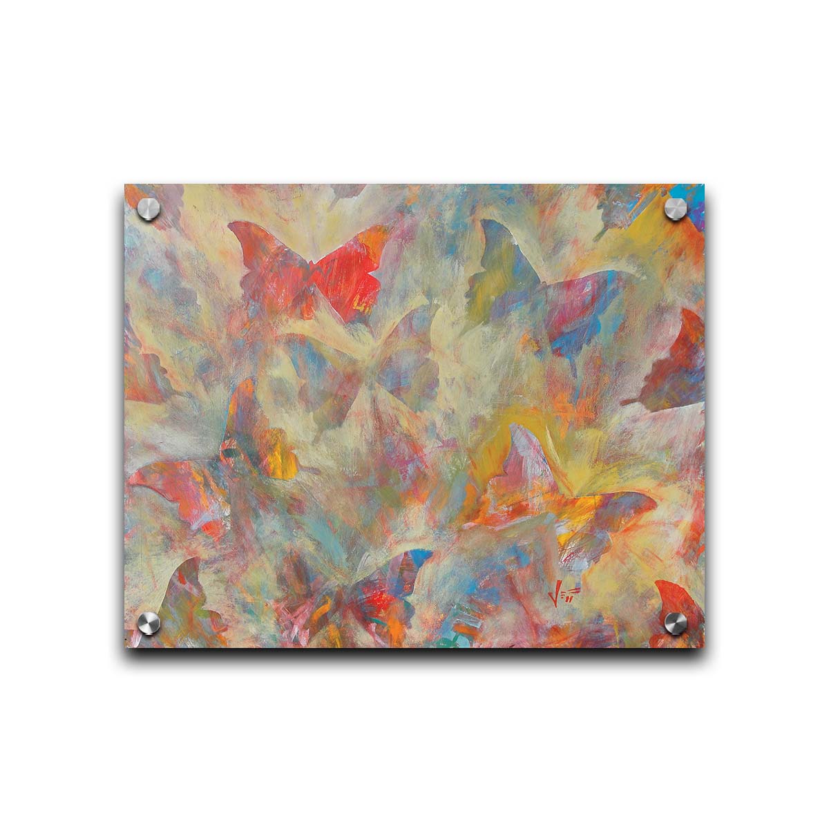 An abstracted painting of a pattern of butterflies, created in an array of colors with textured brushstrokes. Printed on acrylic.