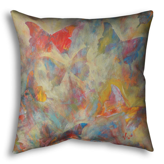 A throw pillow designed with an abstracted painting of a pattern of butterflies, created in an array of colors with textured brushstrokes.
