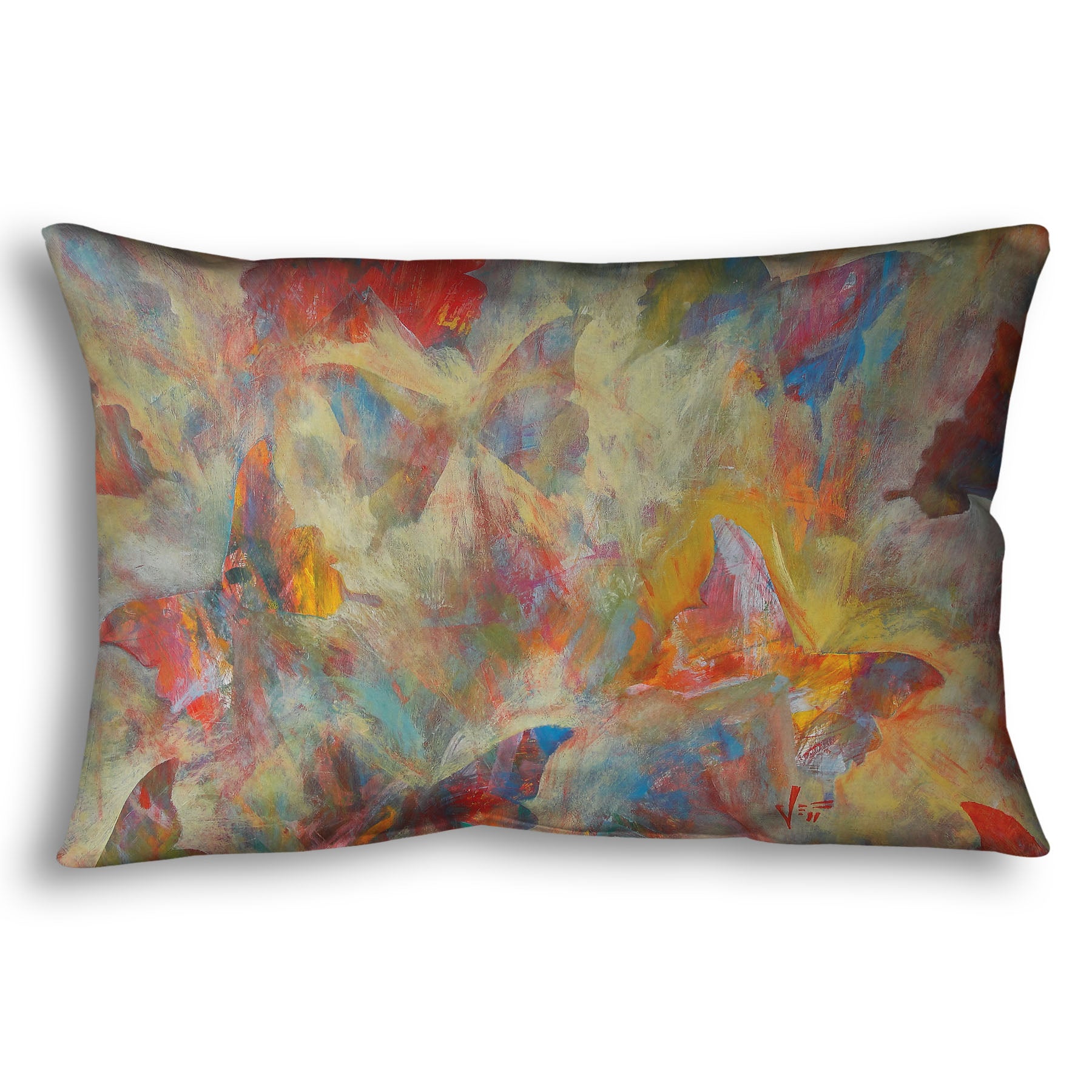 A throw pillow designed with an abstracted painting of a pattern of butterflies, created in an array of colors with textured brushstrokes.