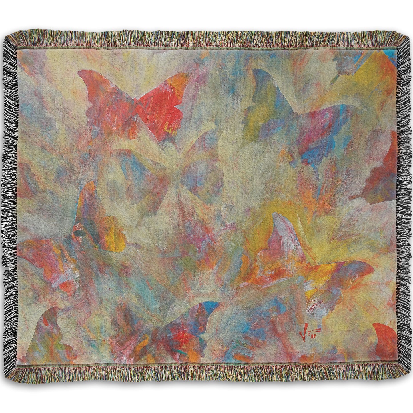 A woven throw blanket designed with an abstracted painting of a pattern of butterflies, created in an array of colors with textured brushstrokes.