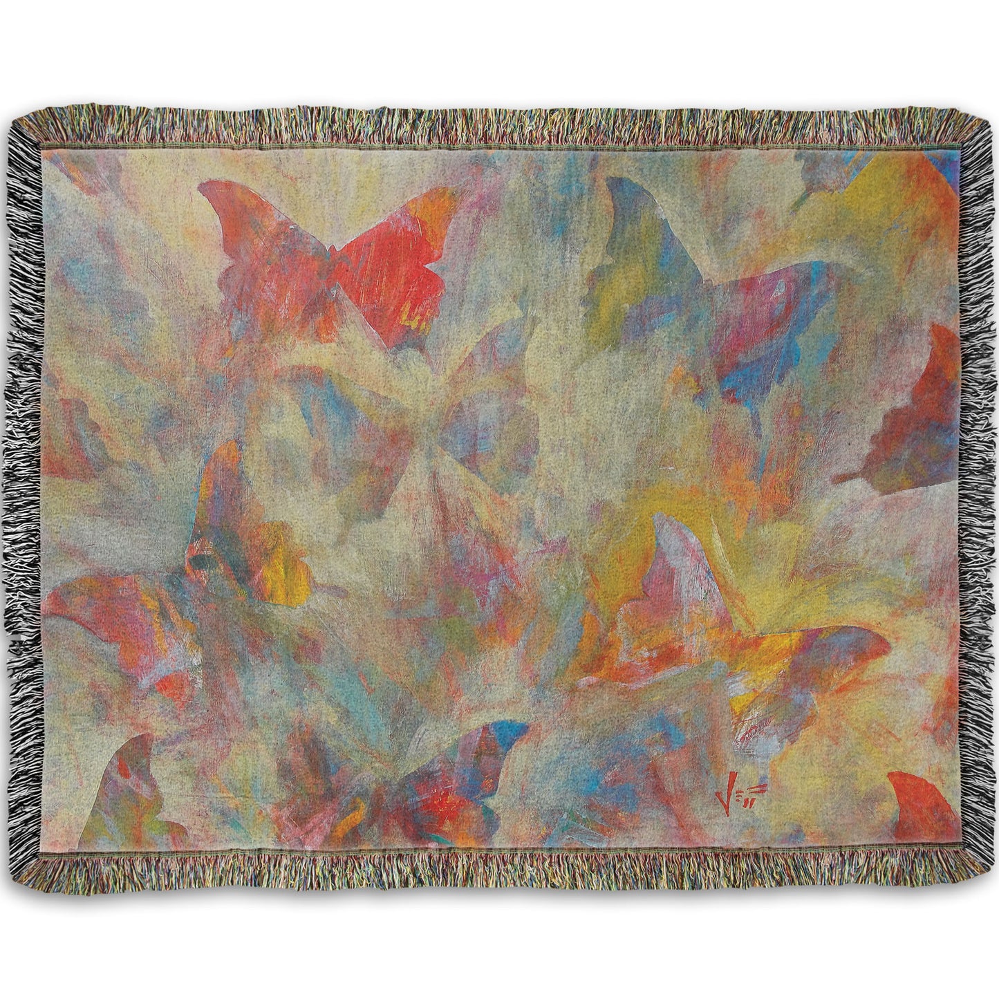 A woven throw blanket designed with an abstracted painting of a pattern of butterflies, created in an array of colors with textured brushstrokes.