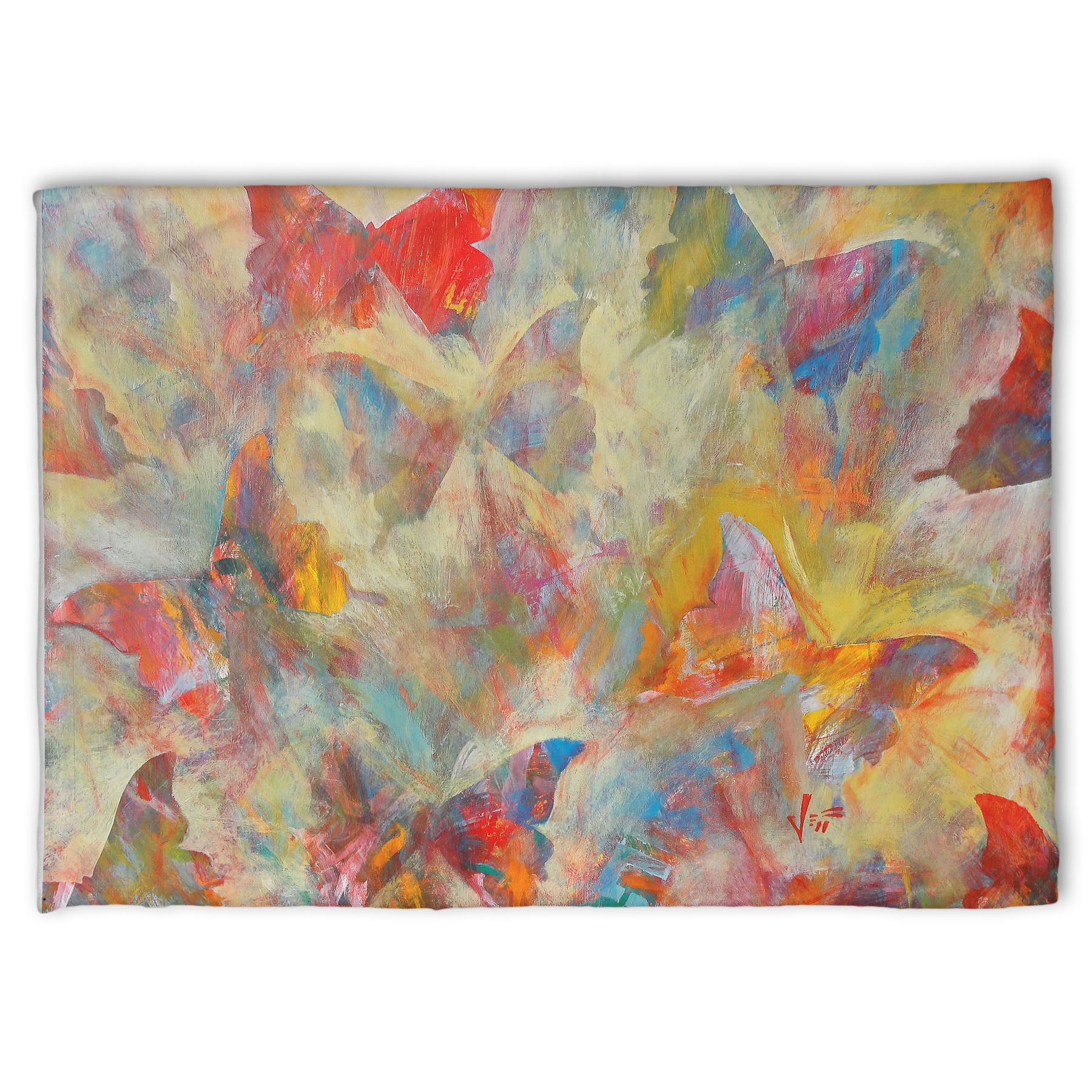 A fleece throw blanket designed with an abstracted painting of a pattern of butterflies, created in an array of colors with textured brushstrokes.