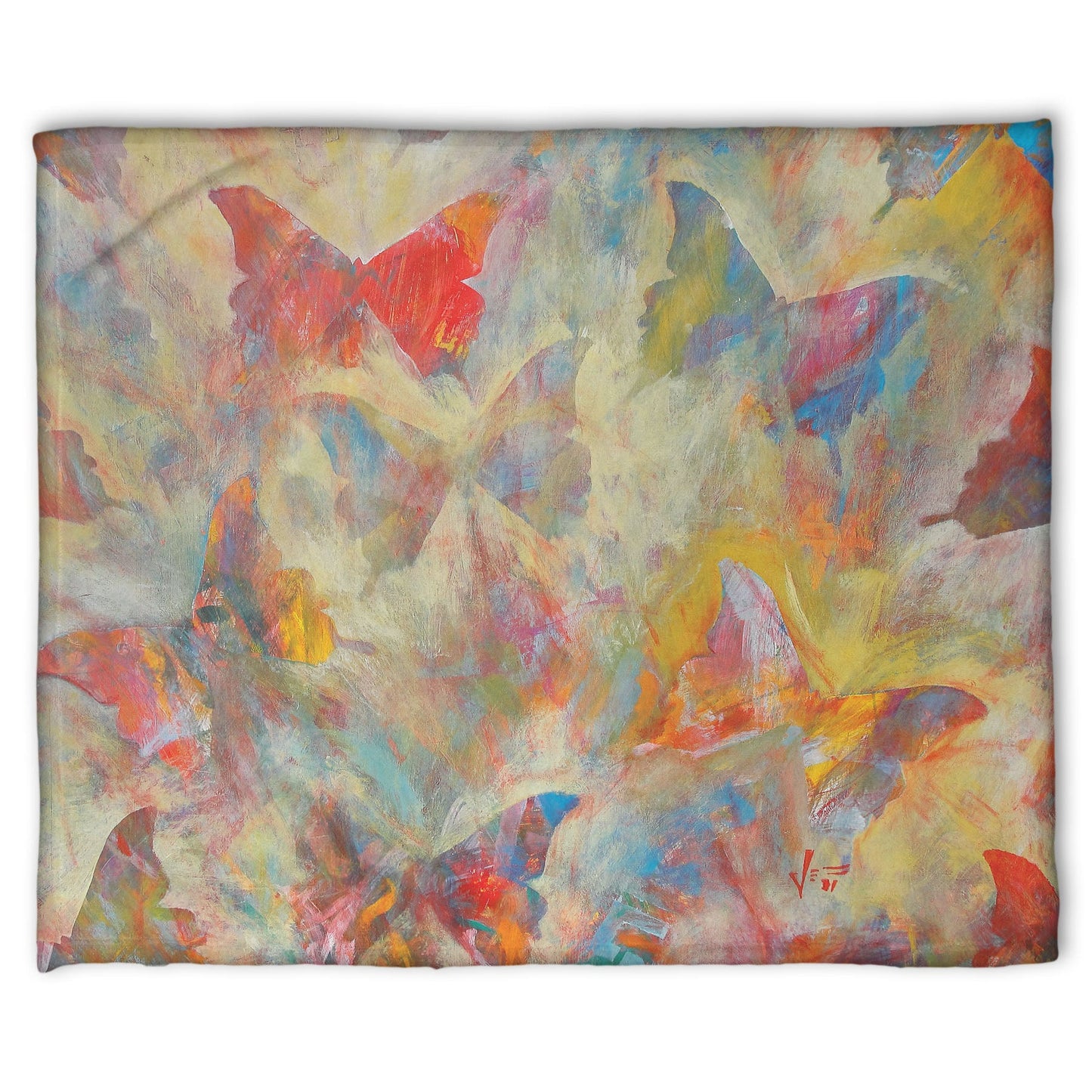 A fleece throw blanket designed with an abstracted painting of a pattern of butterflies, created in an array of colors with textured brushstrokes.