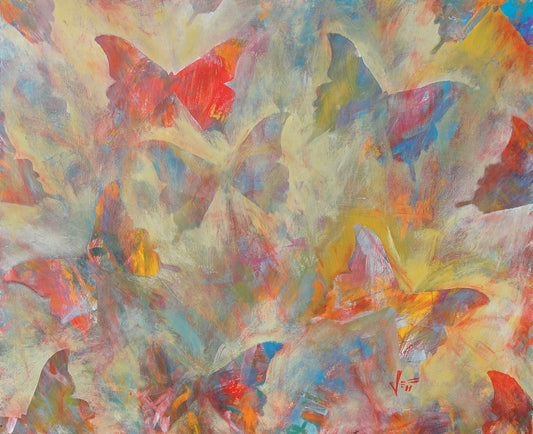 An abstracted painting of a pattern of butterflies, created in an array of colors with textured brushstrokes.