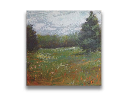 An expressive painting of a grassy field and grove of trees. Printed on canvas.