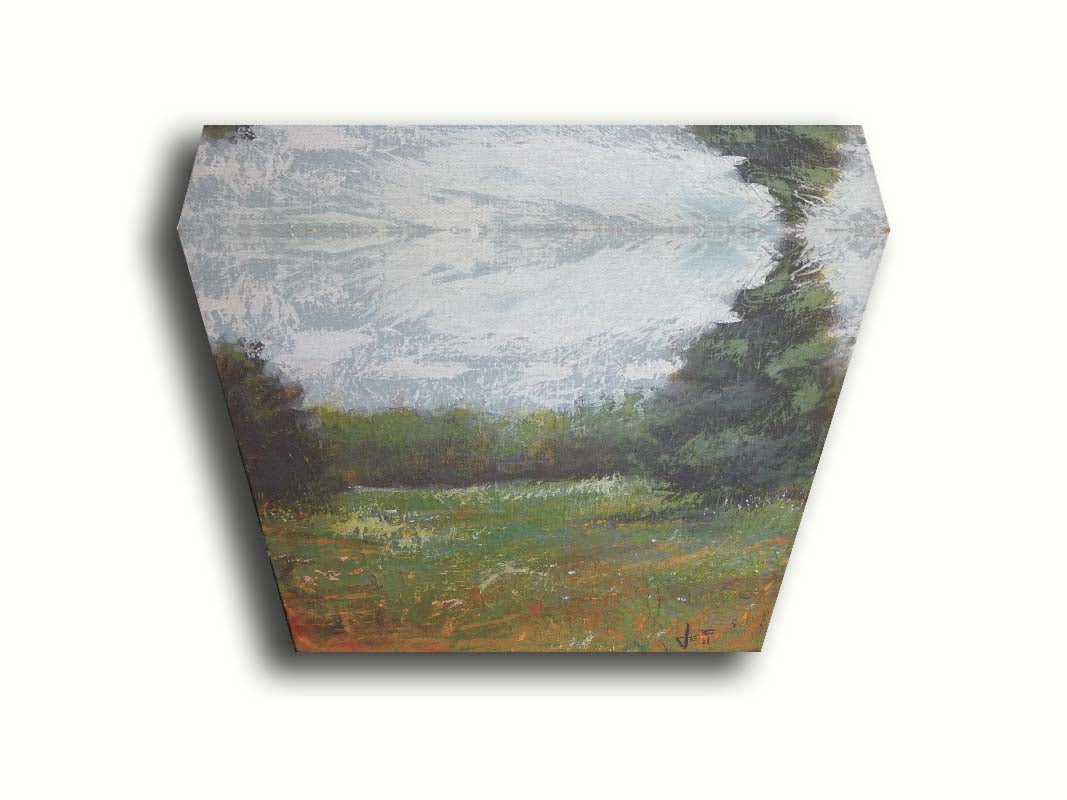 An expressive painting of a grassy field and grove of trees. Printed on canvas.