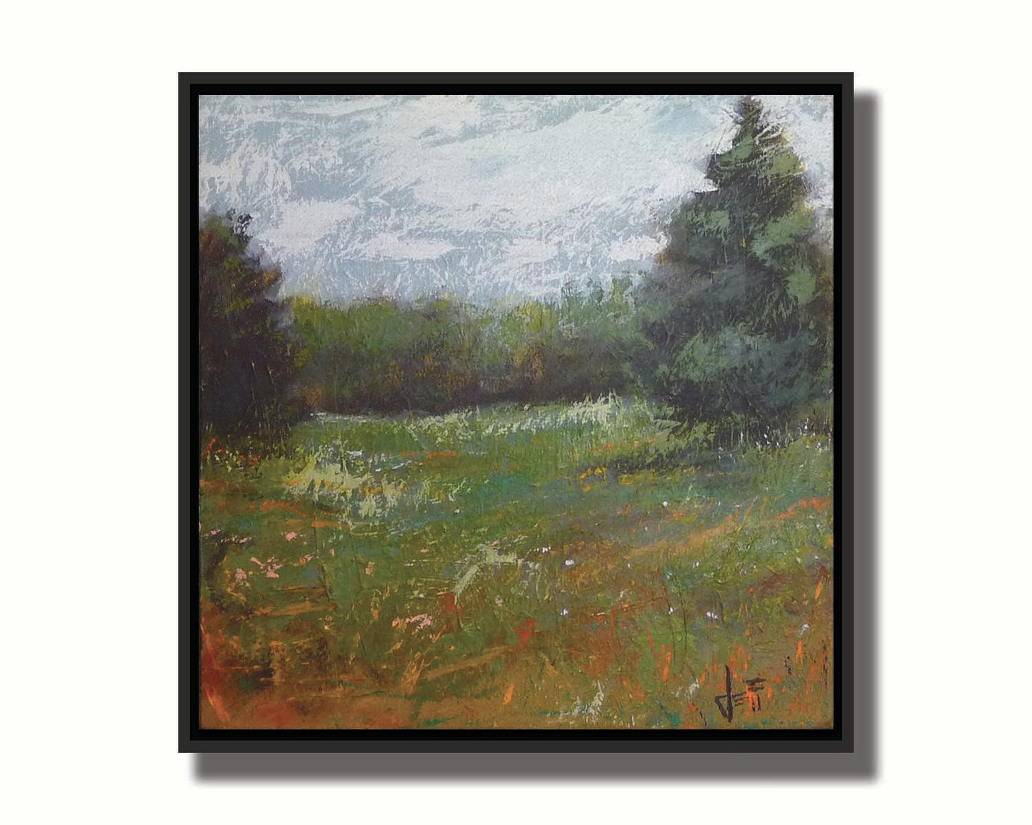 An expressive painting of a grassy field and grove of trees. Printed on canvas in a float frame.