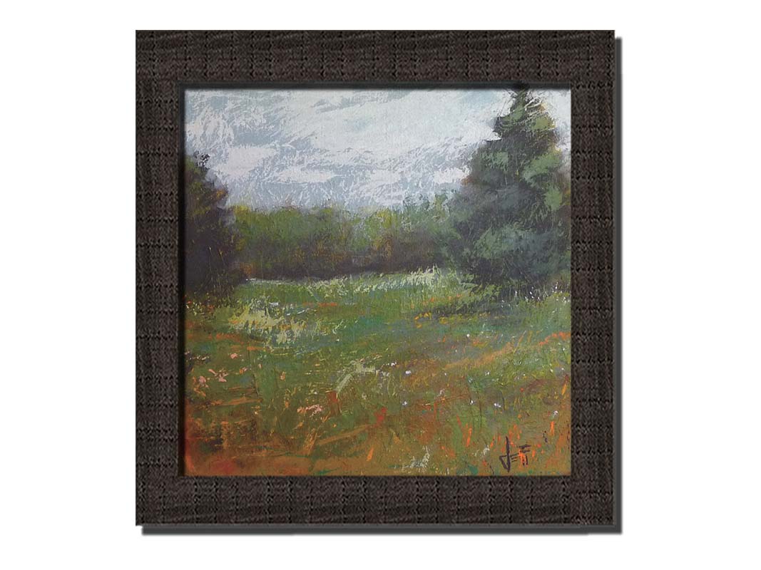 An expressive painting of a grassy field and grove of trees. Printed on canvas and framed.