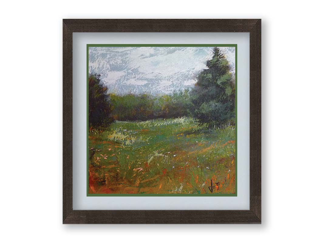 An expressive painting of a grassy field and grove of trees. Printed on paper, matted, and framed.