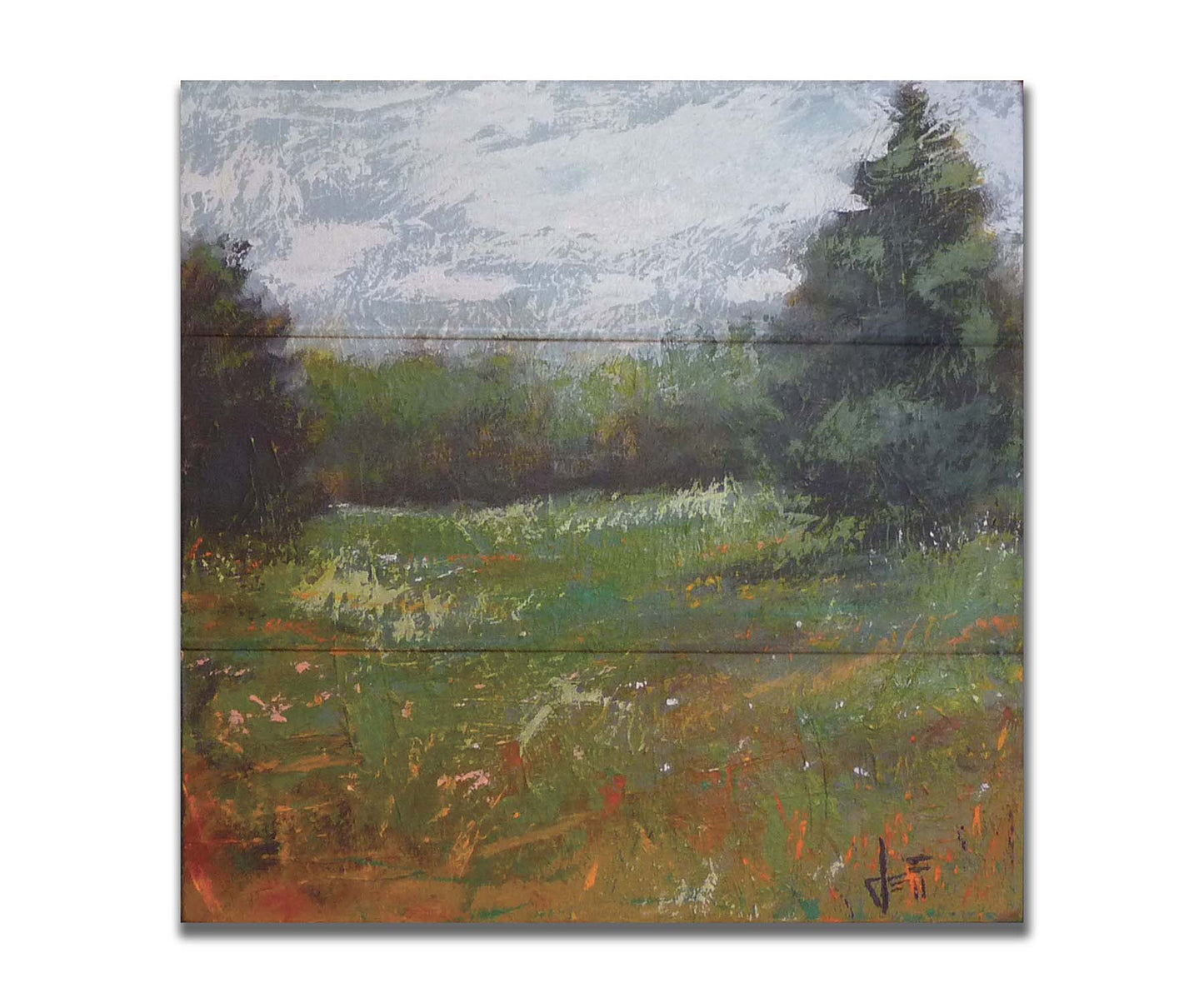 An expressive painting of a grassy field and grove of trees. Printed on a box board.