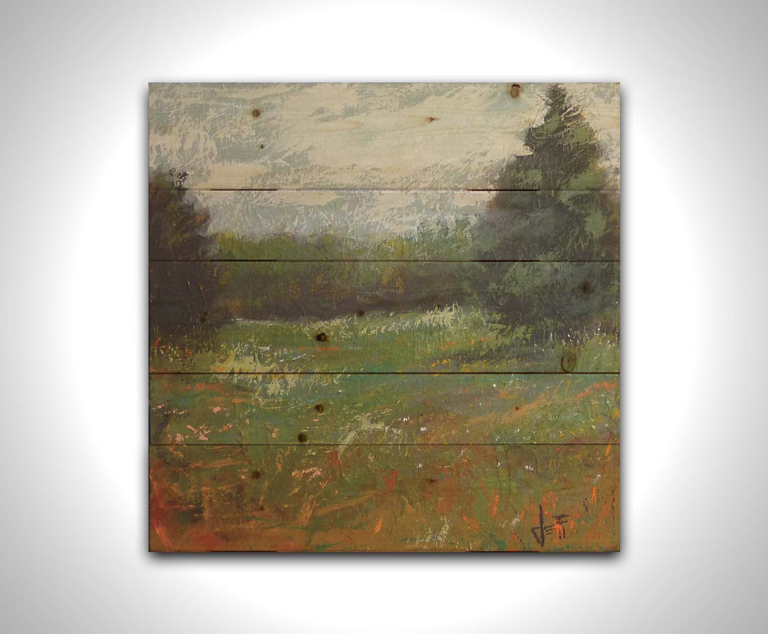 An expressive painting of a grassy field and grove of trees. Printed on a wood pallet.