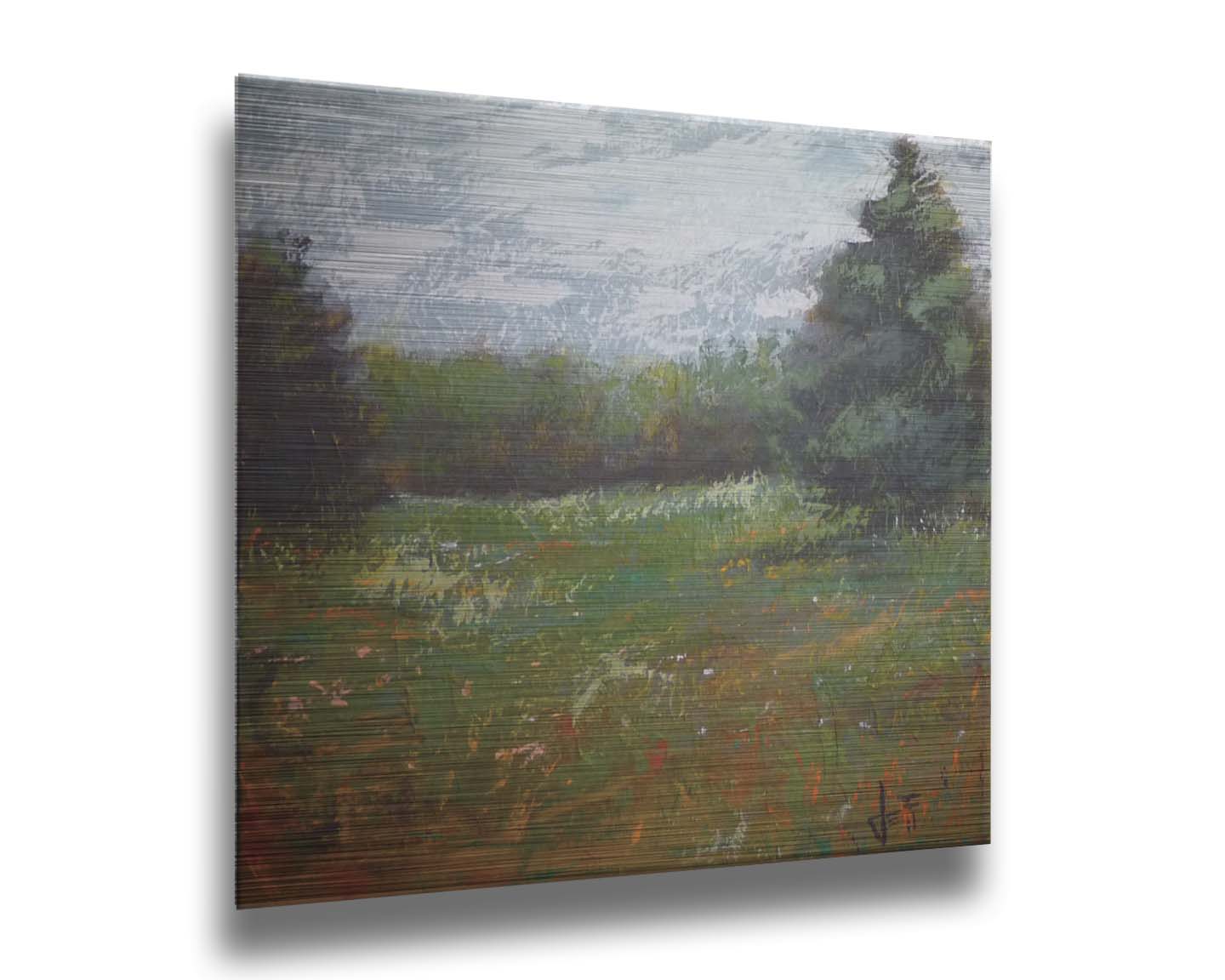 An expressive painting of a grassy field and grove of trees. Printed on metal.