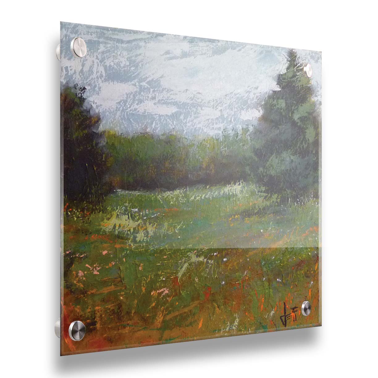 An expressive painting of a grassy field and grove of trees. Printed on acrylic.