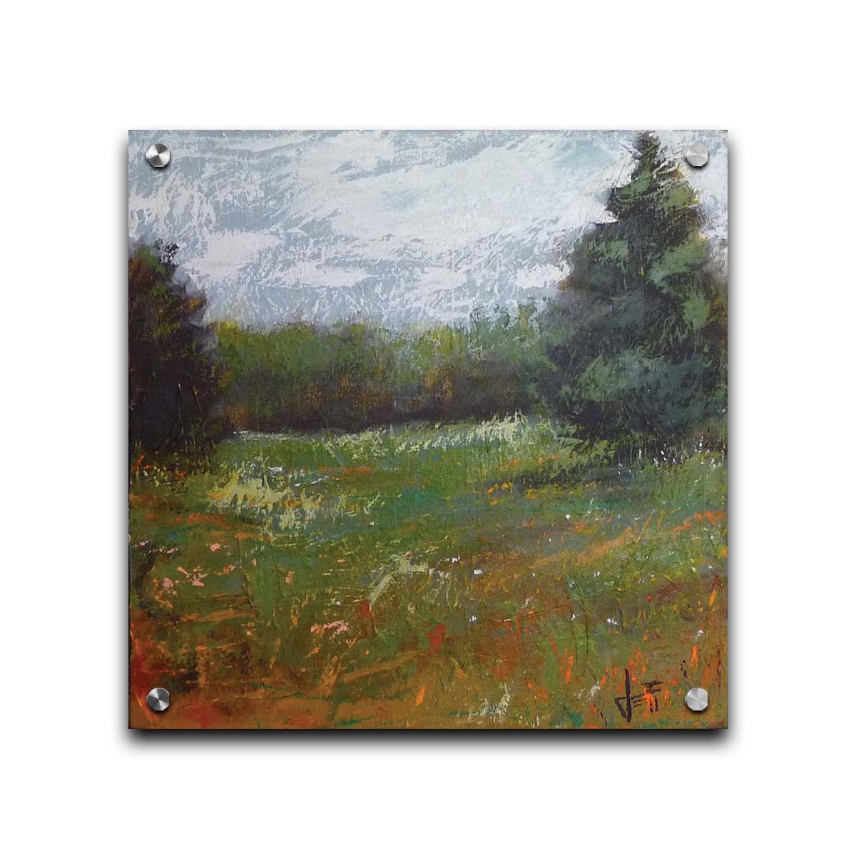 An expressive painting of a grassy field and grove of trees. Printed on acrylic.