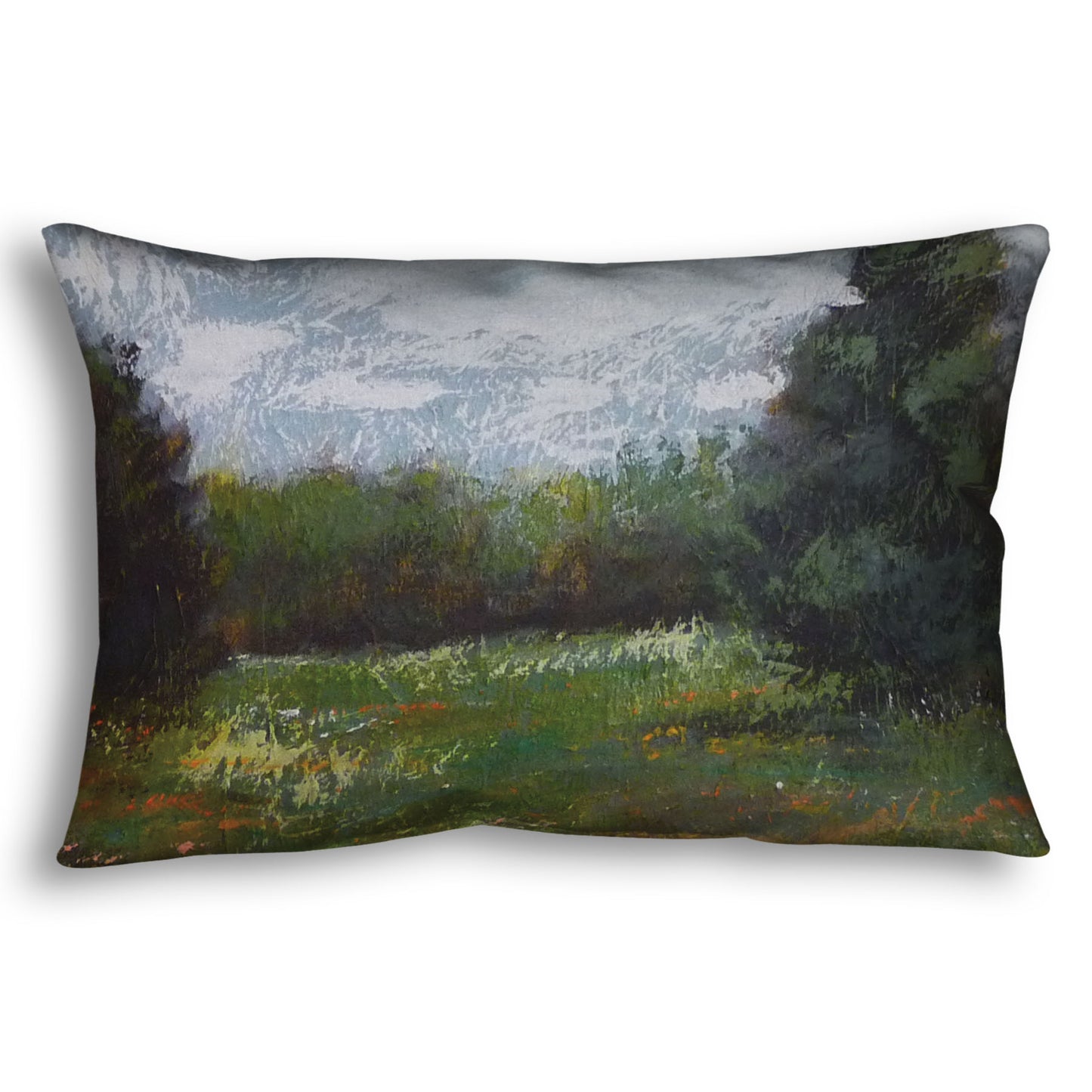 A throw pillow designed with an expressive painting of a grassy field and grove of trees.
